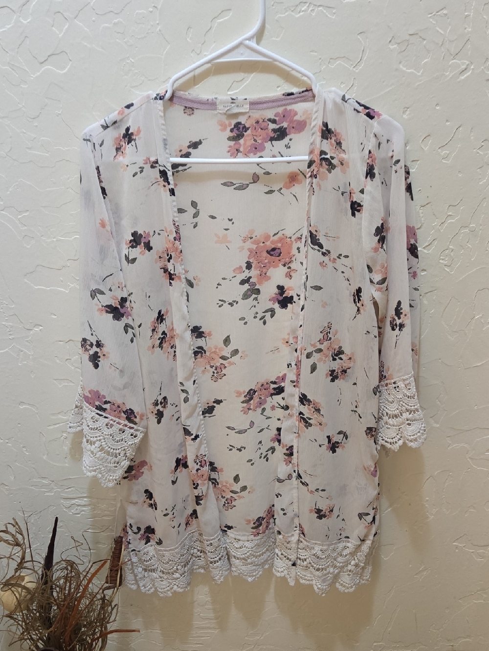 Floral Lace-Trim Open Front Cardigan - White/Pink